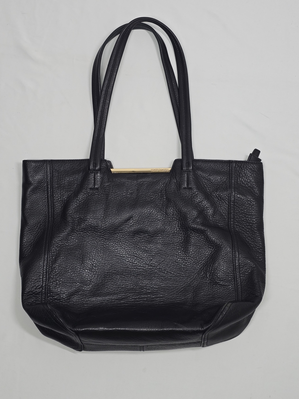 Vince Camuto Black Pebbled Leather Tote Bag Gold Tone Bar Hardware
